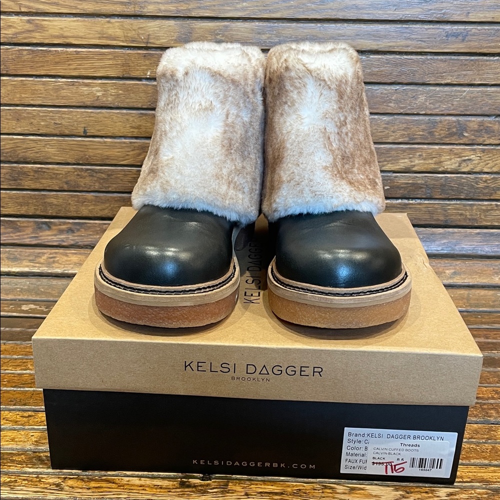 Kelsi Dagger Black and Cream Faux Fur Boots